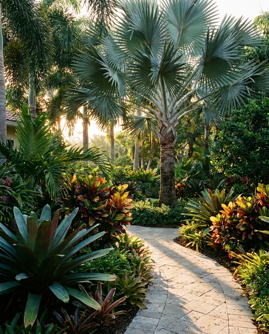 Jardín interior de Florida diseñado con plantas tropicales en capas