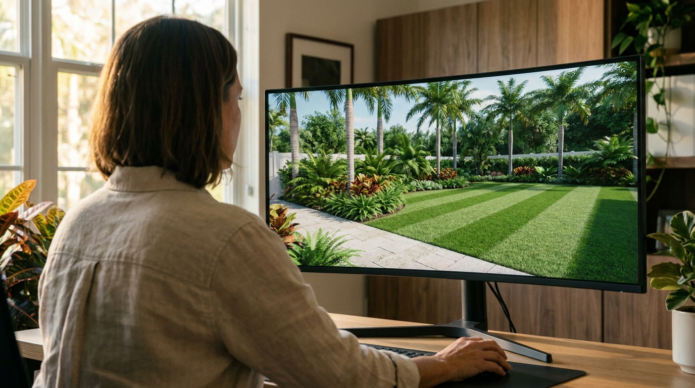 Diseñador creando un modelo 3-D de un patio de Florida en un monitor de escritorio