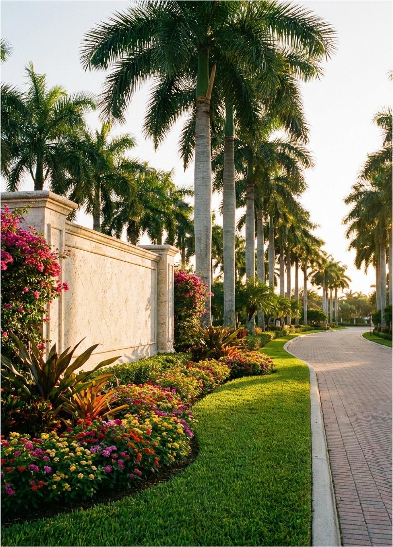 Entrada de comunidad cerrada en Florida con paisajismo profesional frondoso